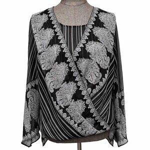Chicos Sz 0 Black Paisley V Neck Crossover Wrap Layered Blouse S Small US Size 4